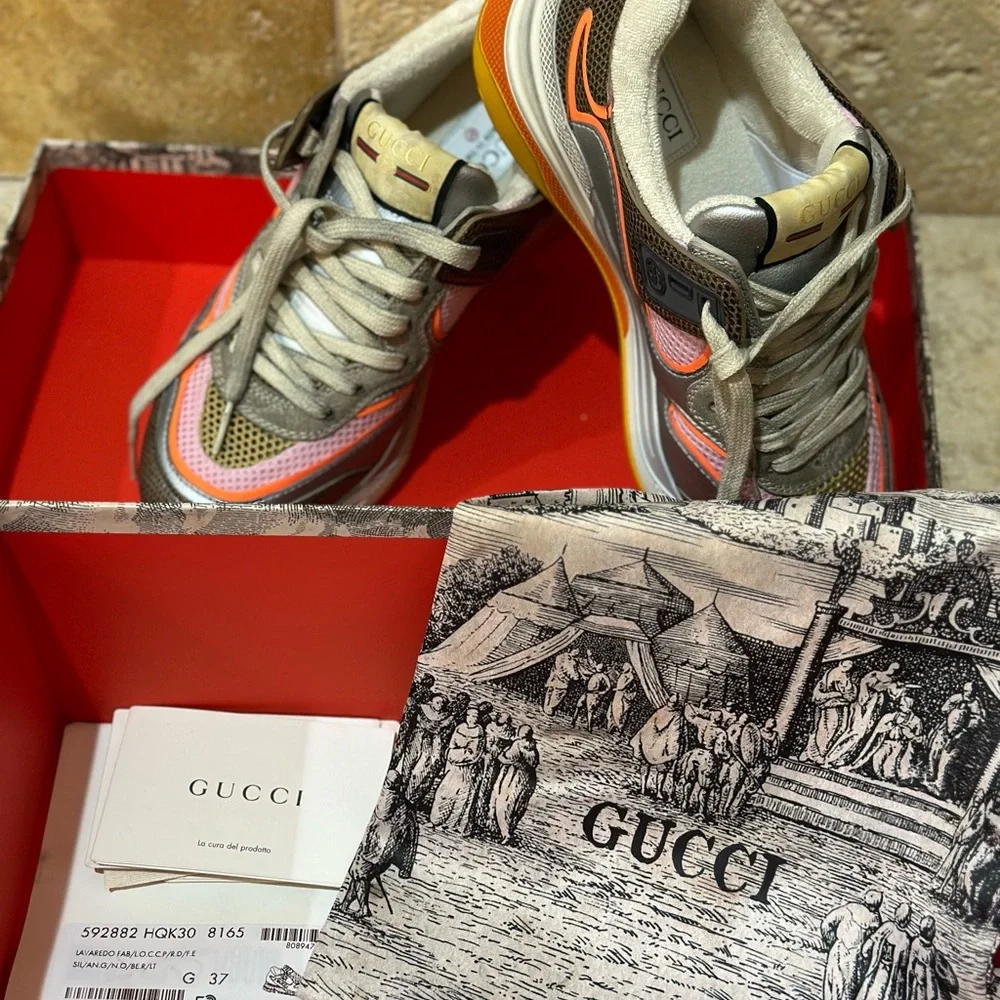 Gucci Ultrapace Distressed Sneakers with Pink & Orange Women Size 7 - Picture 2 of 3